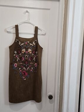 Abercrombie & Fitch Brown Suede Embroidered Floral Pinafore Dress
